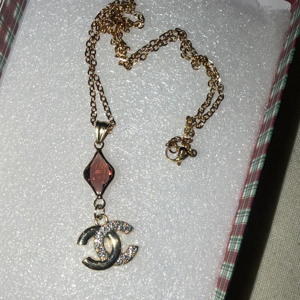 Gold Chain with Silver and Red Pendant Necklace